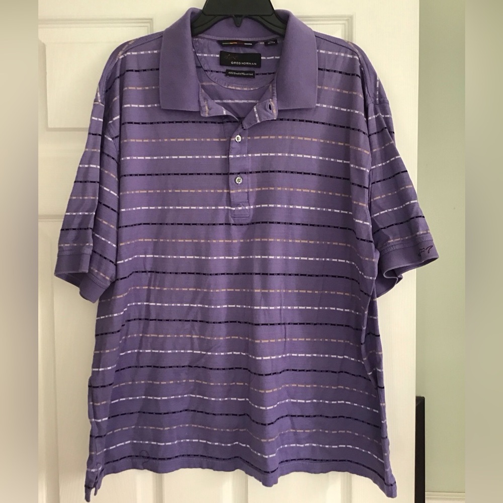Greg Norman Men Lavender Polo Shirt Play Dry Golf Collar Casual Shark Size XL